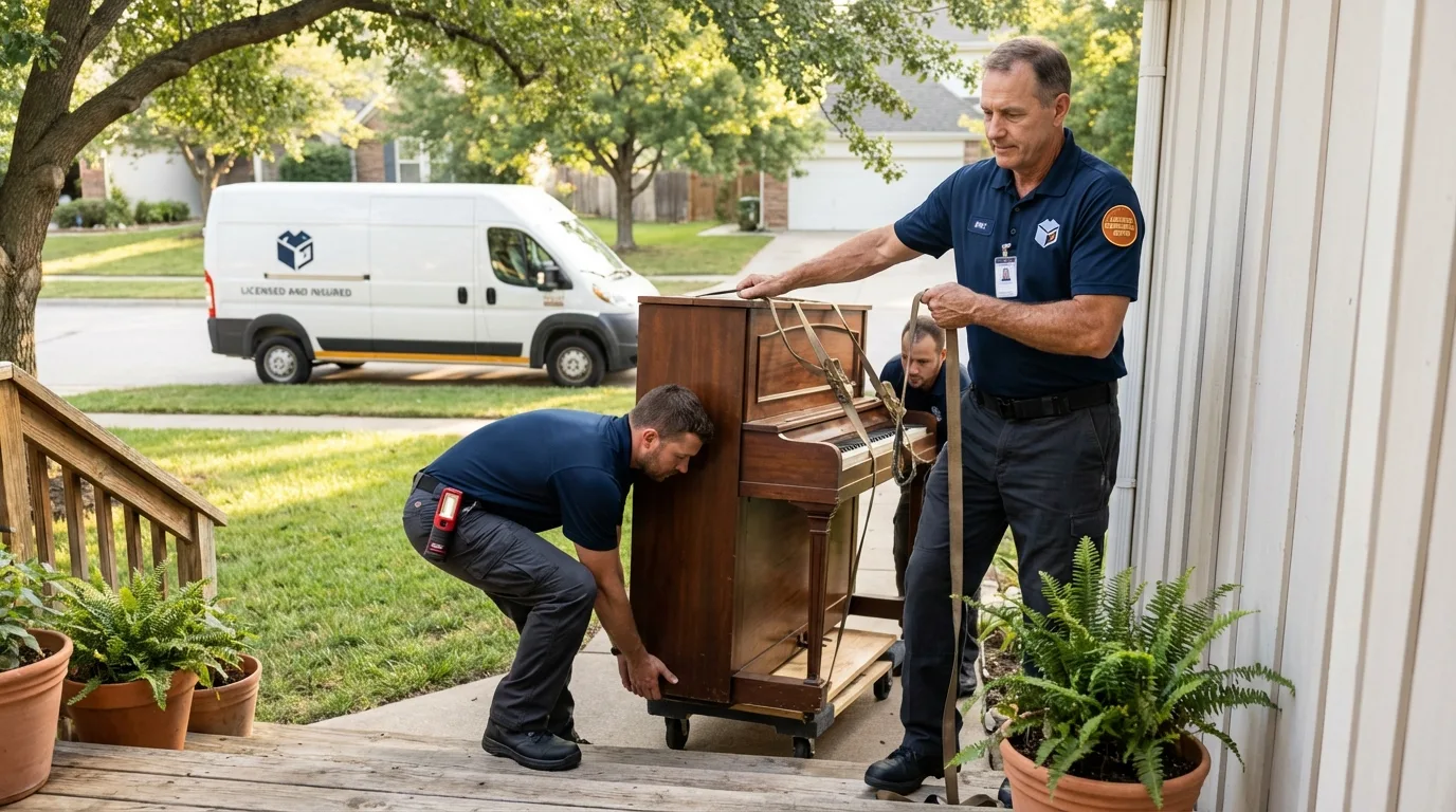 Licensed piano movers securing grand piano in Kewaunee, WI