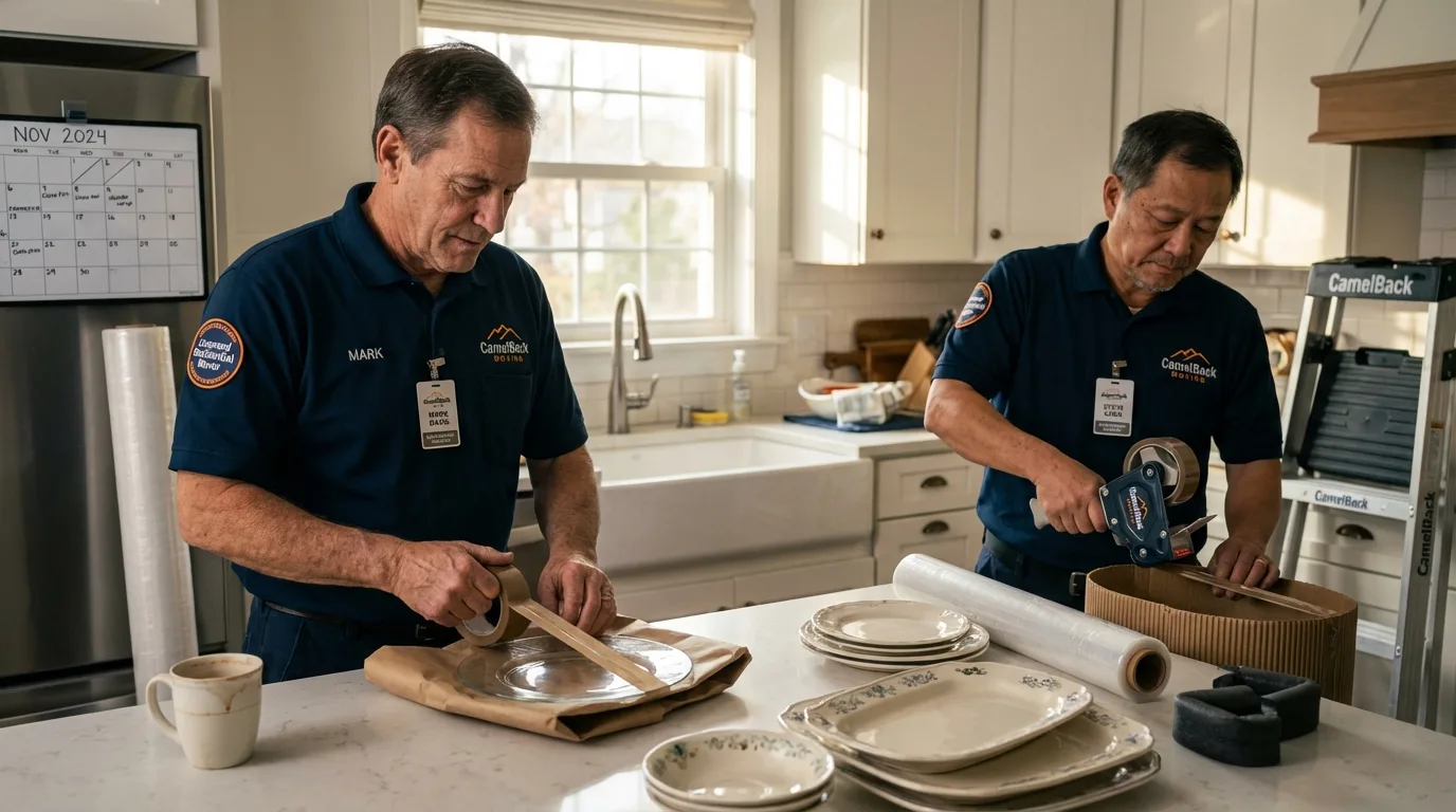 Professional crew packing kitchen dishware in Kewaunee, WI